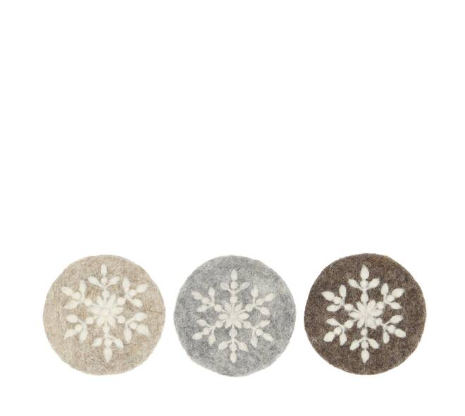 Coaster round with snowflake wool 10x10x2cm 4pc C/3