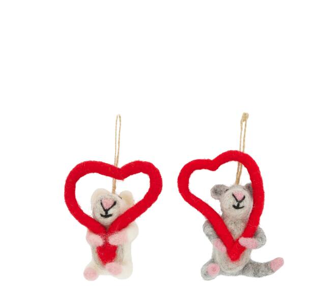 Hanger mouse with heart wool 6x5x10cm C/2