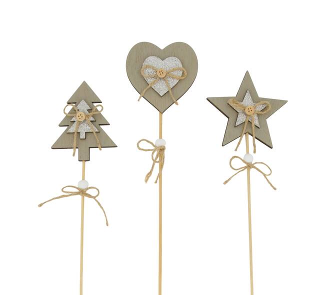 Figurine heart / star / tree plywood on stick 9x1.4x58cm 3pc A/3