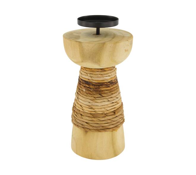 Pillar candle holder banana leaf teak wood 14x14x28cm