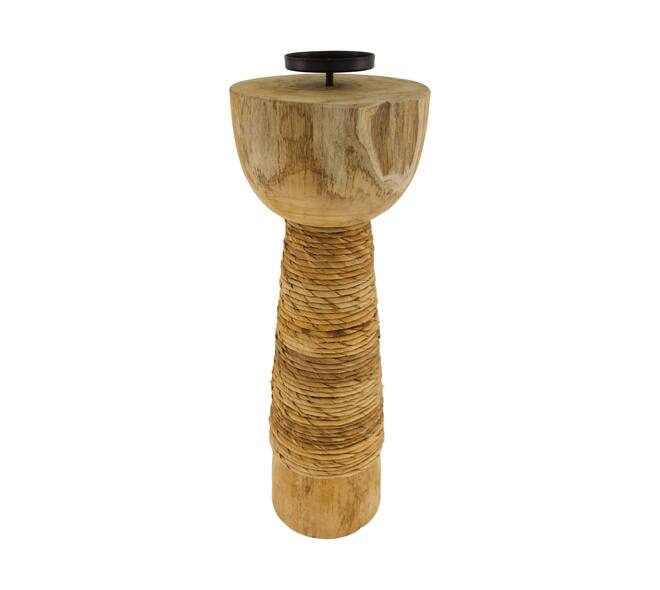 Pillar candle holder banana leaf teak wood 18x18x58cm