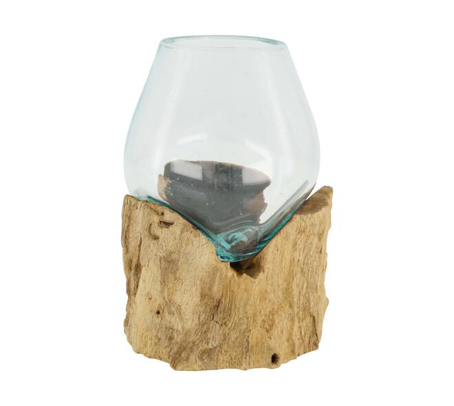 Root teak wood with glass 9x9x12.5cm - Natural