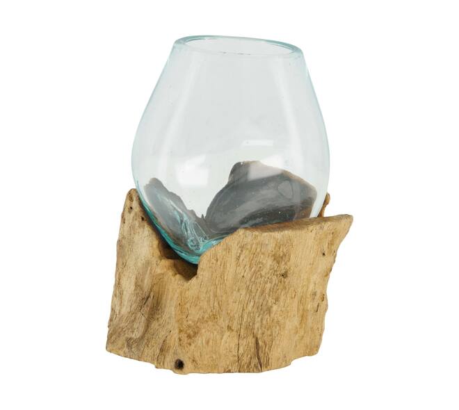 Root teak wood with glass 9x9x12.5cm - Natural