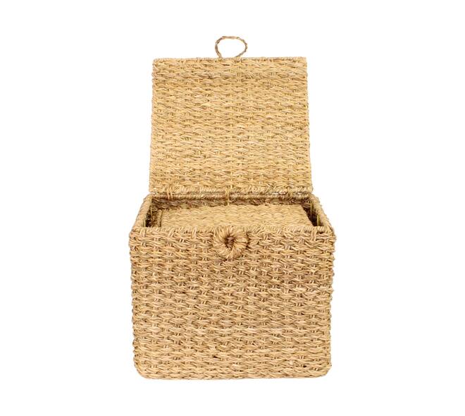 Basket square with lid seagrass 38x38x32cm S/3