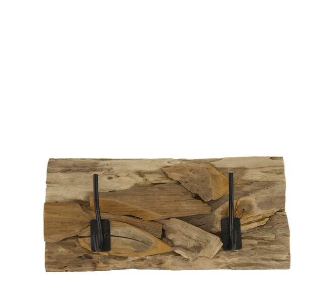 Coat rack teak wood with 2 hooks 38x18x8cm - Natural