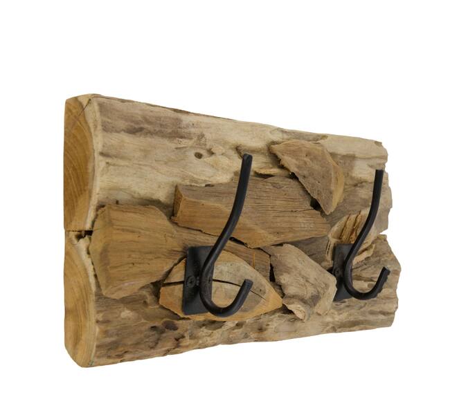 Coat rack teak wood with 2 hooks 38x18x8cm - Natural