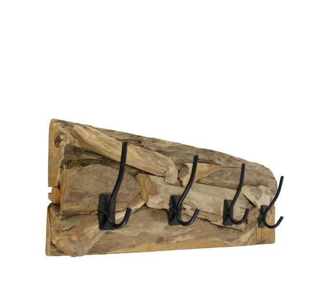 Coat rack teak wood with 4 hooks 58x18x8cm