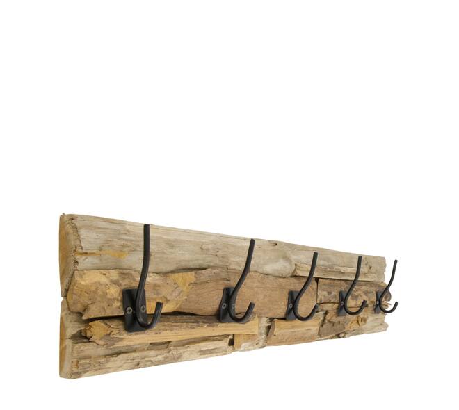 Coat rack teak wood with 5 hooks 78x18x8cm - Natural