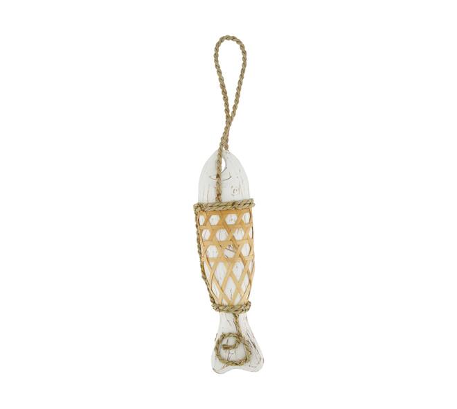 Fish albizia wood with hanger 38x12x8cm - White