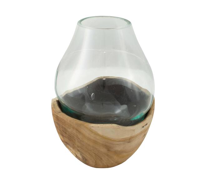 Vase teak wood with glass 17x17x26cm