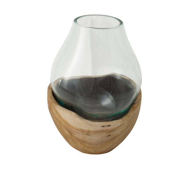 Vase teak wood with glass 17x17x26cm
