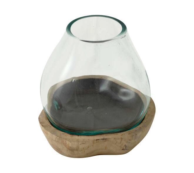 Vase teak wood with glass 19x19x18cm - Natural