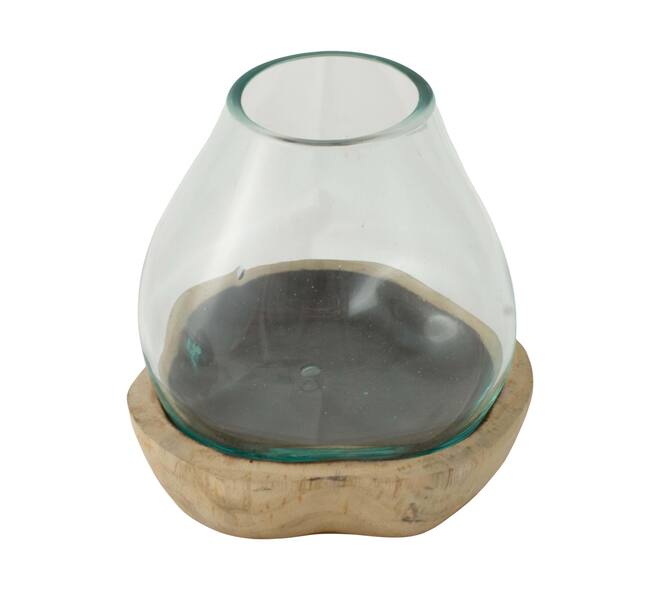 Vase teak wood with glass 19x19x18cm - Natural