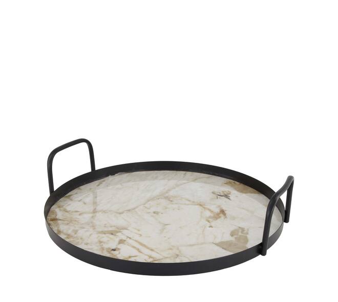 Tray round with marble print metal with handle 38x38x8.5cm