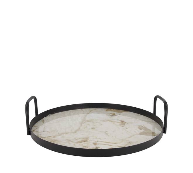 Tray round with marble print metal with handle 38x38x8.5cm
