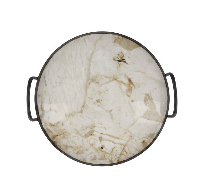 Tray round with marble print metal with handle 38x38x8.5cm