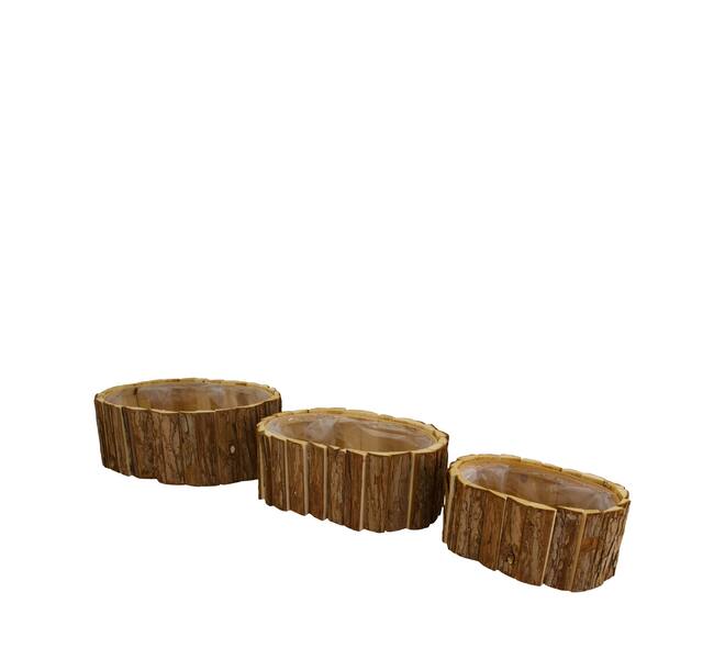 Planter oval fir wood with plastic 33x24x11cm S/3