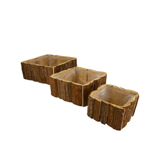 Planter square fir wood with plastic 28x28x11cm S3 - Natural