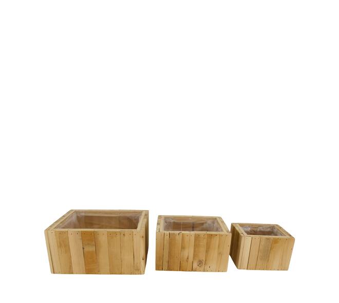 Planter square reclaimed wood with plastic 25x25x12cm S/3