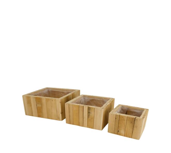 Planter square reclaimed wood with plastic 25x25x12cm S/3