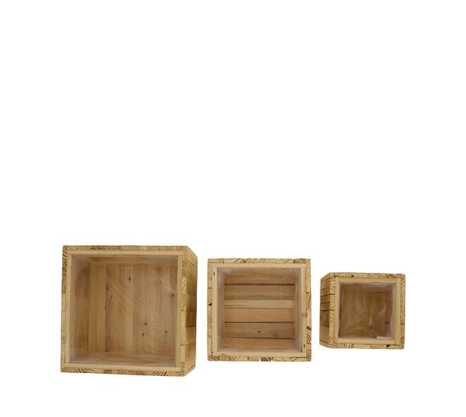 Planter square reclaimed wood with plastic 25x25x12cm S/3