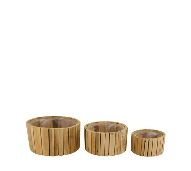 Planter round reclaimed wood with plastic 26x26x12.5cm S/3
