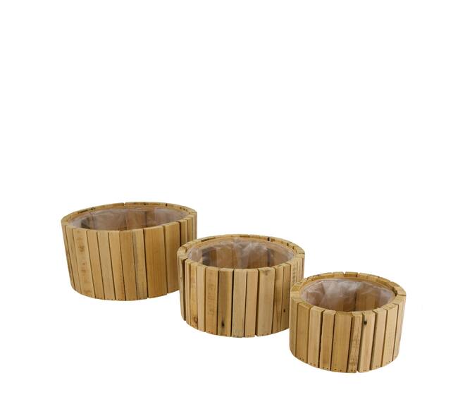 Planter round reclaimed wood with plastic 26x26x12.5cm S/3