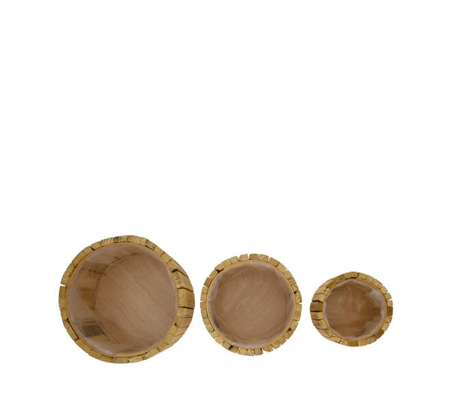 Planter round reclaimed wood with plastic 26x26x12.5cm S/3