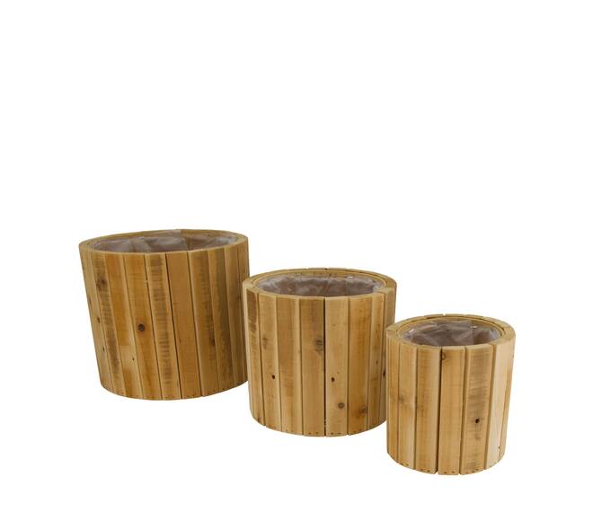 Planter round reclaimed wood with plastic 23.5x23.5x20cm S/3