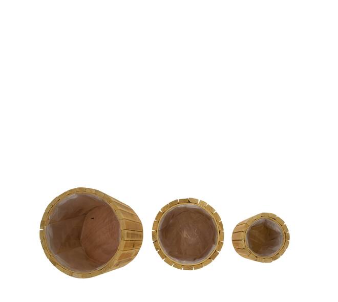 Planter round reclaimed wood with plastic 23.5x23.5x20cm S/3
