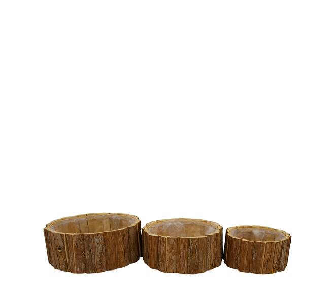 Planter round fir wood with plastic 28x28x11cm S/3
