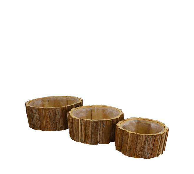 Planter round fir wood with plastic 28x28x11cm S/3