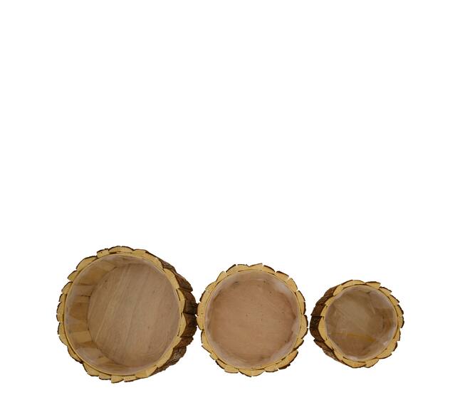 Planter round fir wood with plastic 28x28x11cm S/3