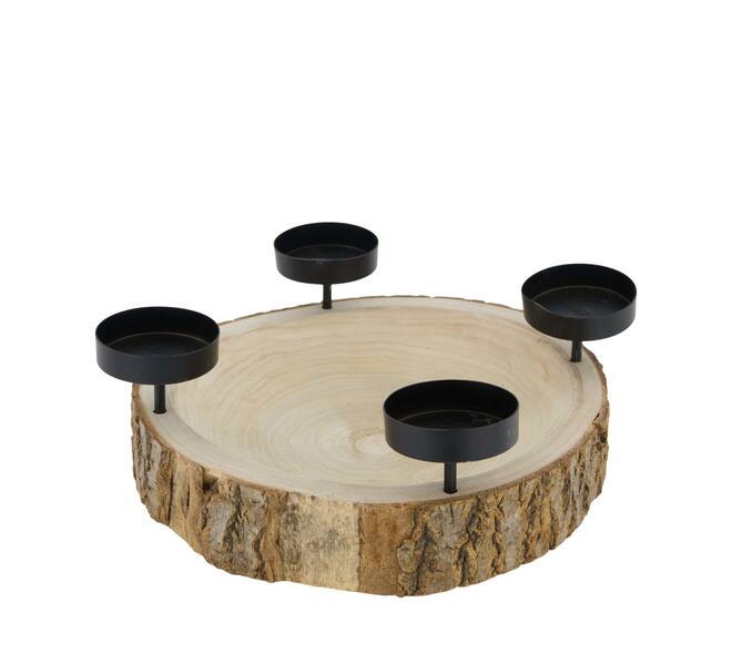 Pillar candle holder bark paulownia wood with metal cup 28x28x5cm - Natural