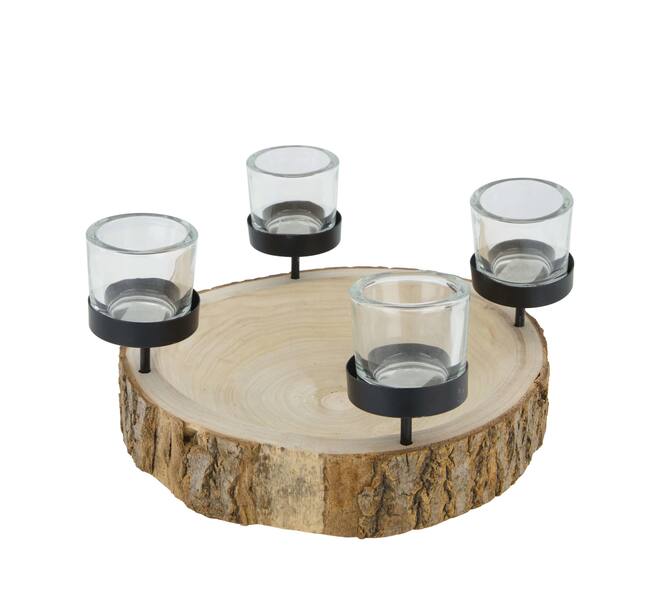 Pillar candle holder bark paulownia wood with metal cup 28x28x5cm - Natural