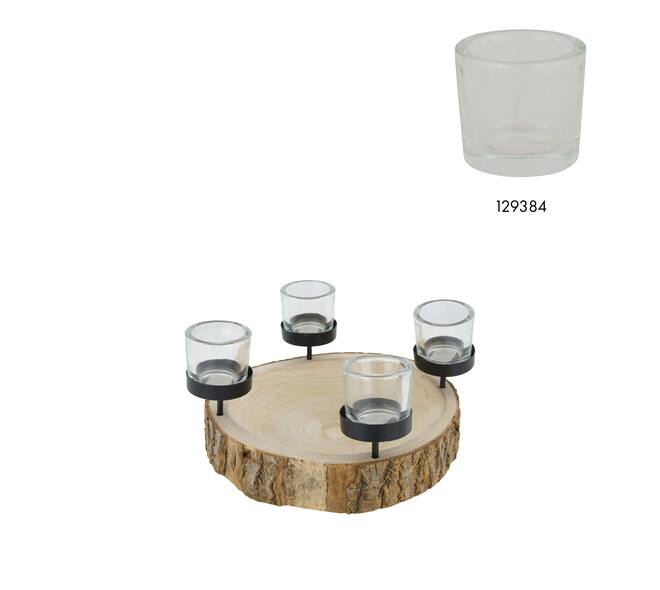 Pillar candle holder bark paulownia wood with metal cup 28x28x5cm - Natural