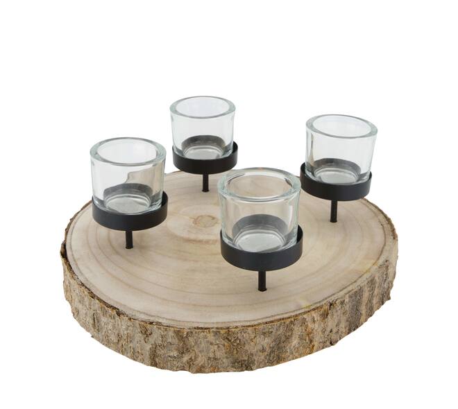 Pillar candle holder paulownia wood with metal cup 28x28x5cm - Natural