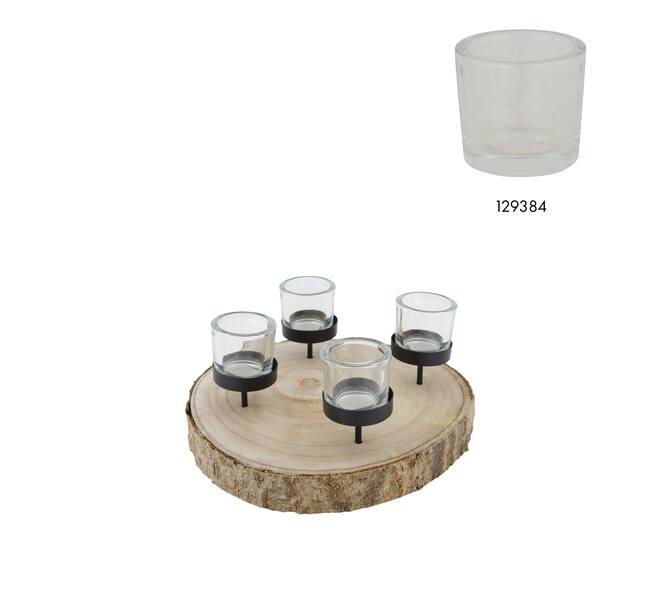 Pillar candle holder paulownia wood with metal cup 28x28x5cm - Natural