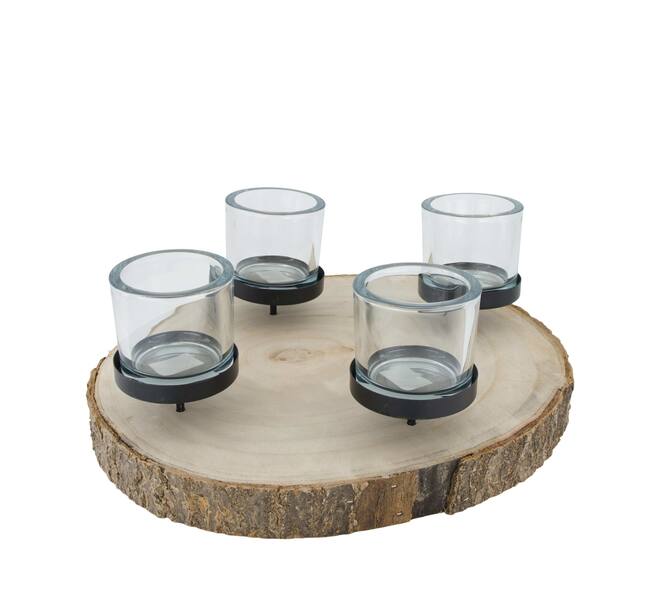 Pillar candle holder paulownia wood with metal cup 38x38x9cm