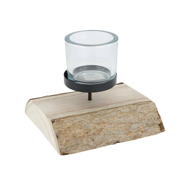 Pillar candle holder paulownia wood with metal cup 23x23x5cm - Natural