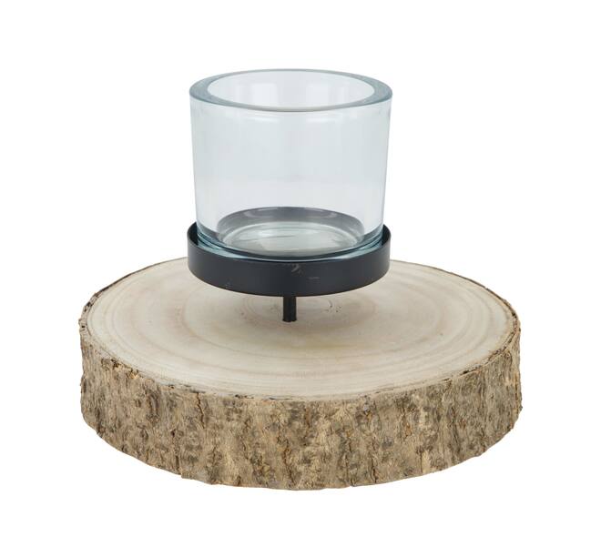 Pillar candle holder paulownia wood with metal cup 20x20x4cm - Natural