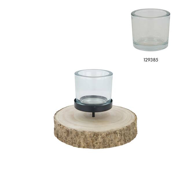 Pillar candle holder paulownia wood with metal cup 20x20x4cm - Natural
