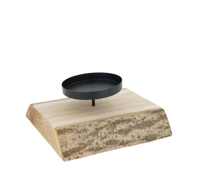 Pillar candle holder paulownia wood with metal cup 19x19x5cm - Natural