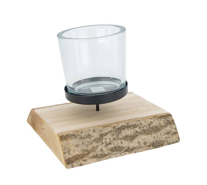 Pillar candle holder paulownia wood with metal cup 19x19x5cm - Natural