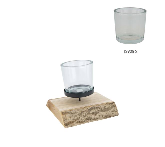 Pillar candle holder paulownia wood with metal cup 19x19x5cm - Natural