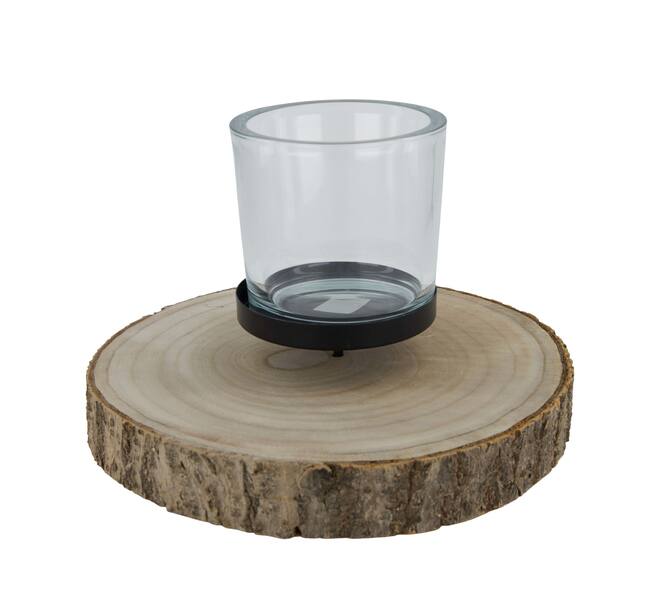 Pillar candle holder paulownia wood with metal cup 28x28x4cm - Natural