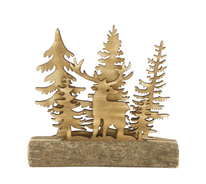Figurine tree deer poplar wood on stand 25x5x24cm