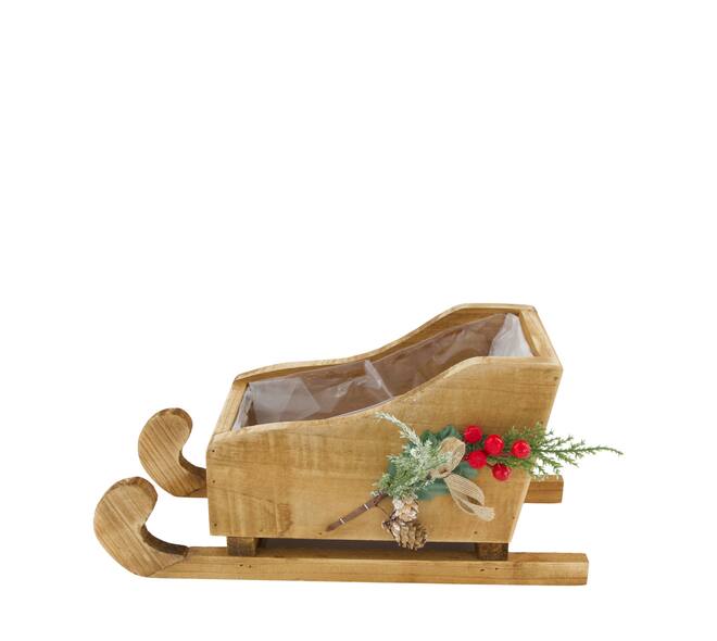 Planter sleigh historic wood with plastic 35.5x14.5x17cm - Natural