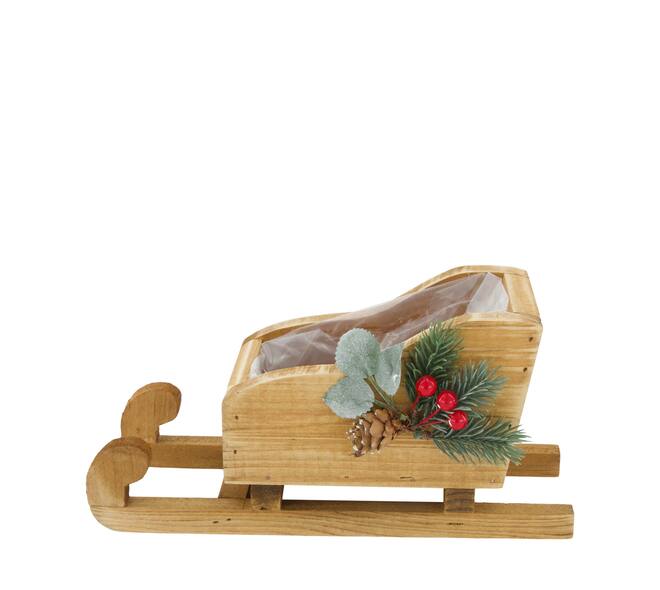 Planter sleigh historic wood with plastic 25x10x12cm - Natural