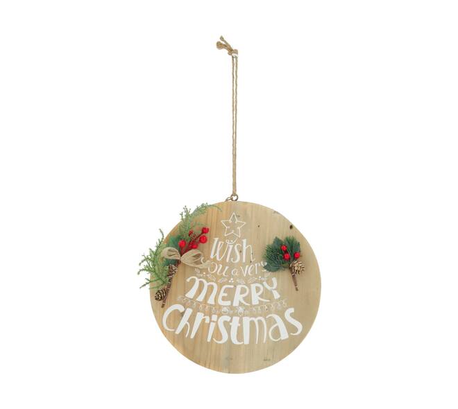 Sign round wish you a very merry christmas historic wood with hanger 28x28x1.5cm - Natural
